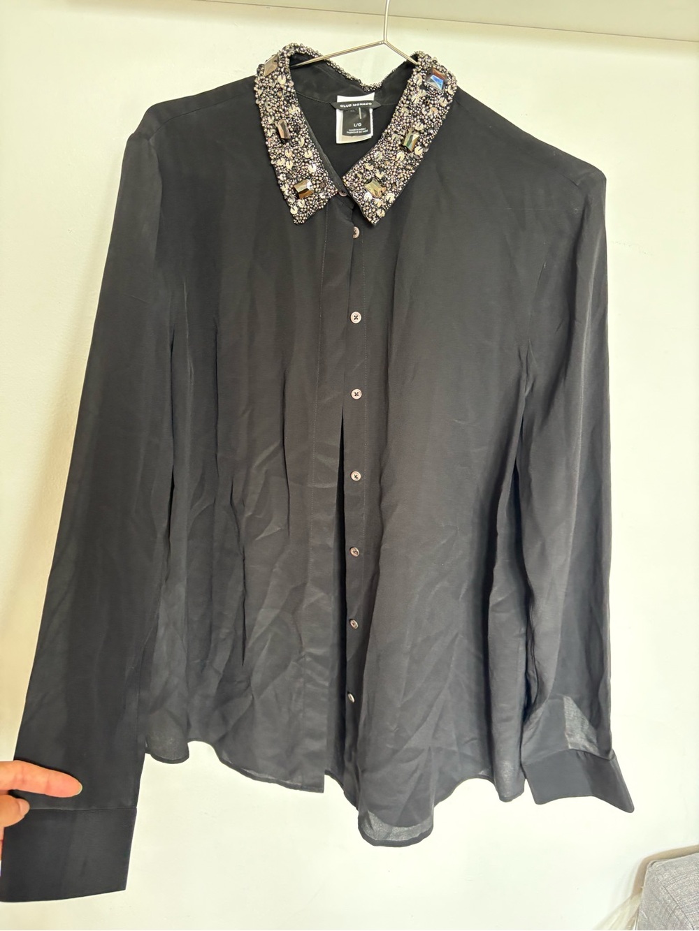 Club Monaco Black Button-Up Shirt with Jeweled Collar